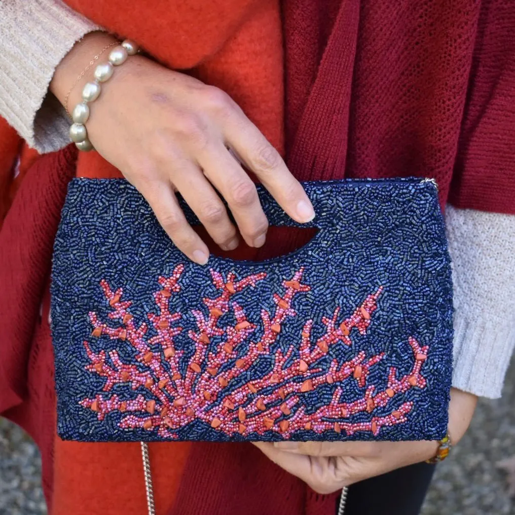 Beaded Statement Clutch, Navy Coral Branch, Bespoke Design