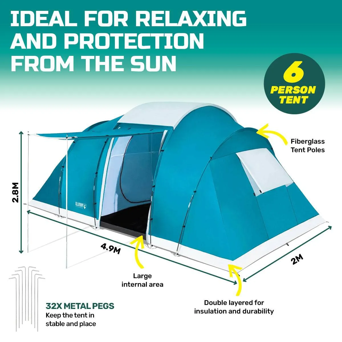 Bestway 4.9m x 2.m Tent 6 Person UV Protected Premium Double Layered PVC