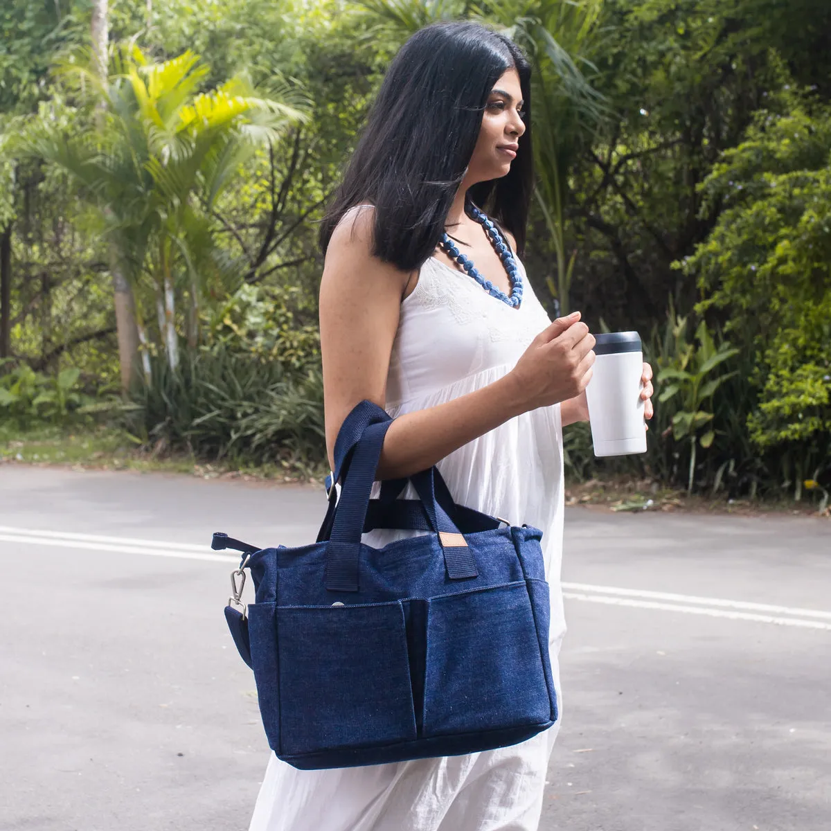 Blue - Upcycled Denim Dual Usage Tote Bag with removable insert