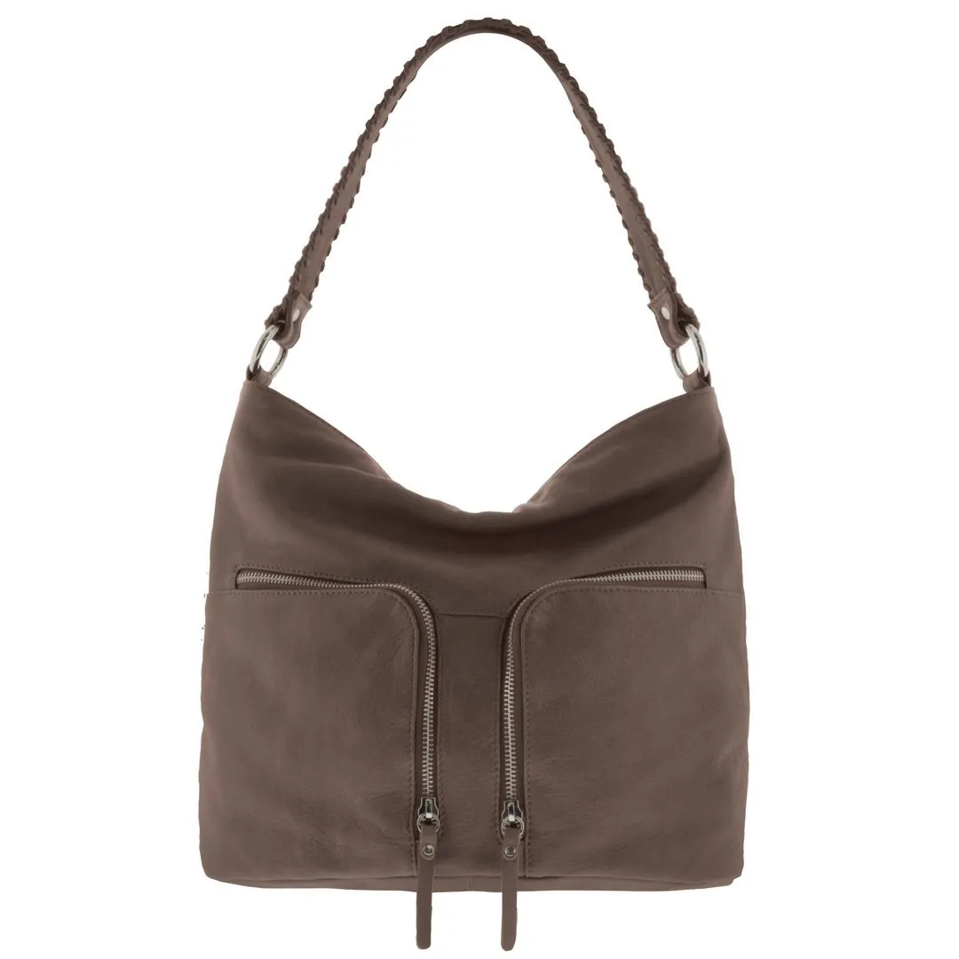 GABEE SOFT LEATHER ASH DOUBLE ZIP SHOULDER BAG TAUPE