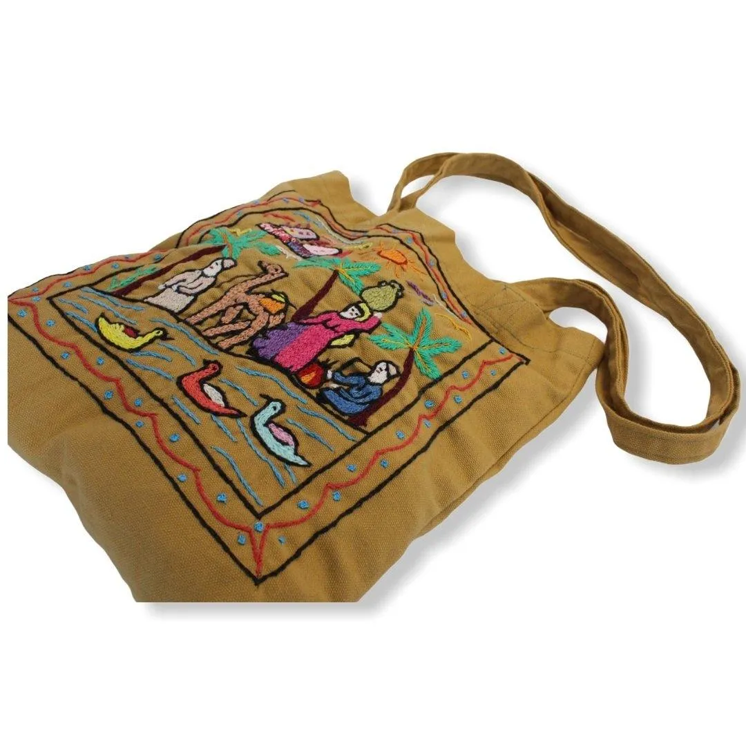 Hand Embroidered Canvas Tote Bag - Mustard (Small)