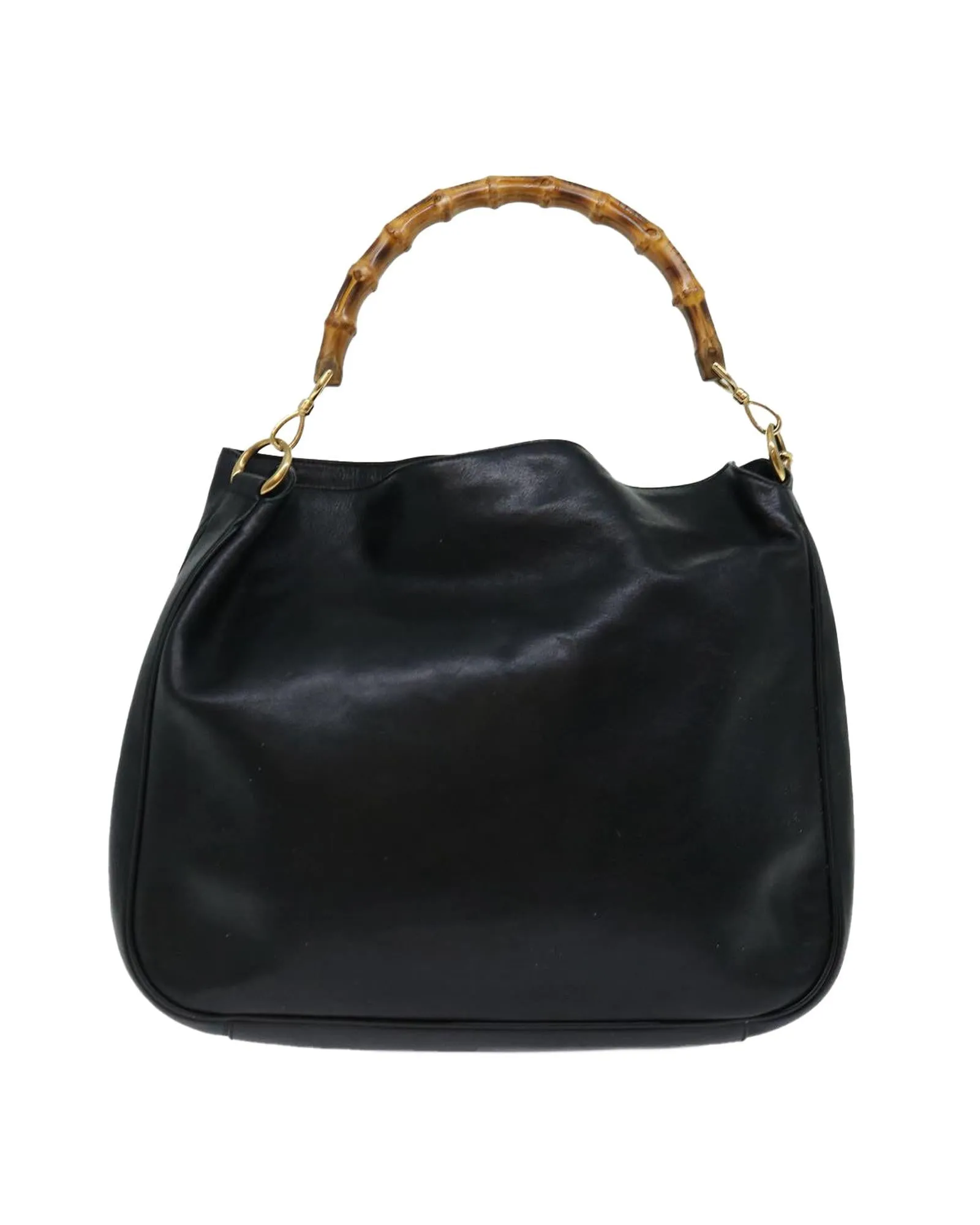 Leather 2Way Shoulder Bag with Bamboo Detail in Black