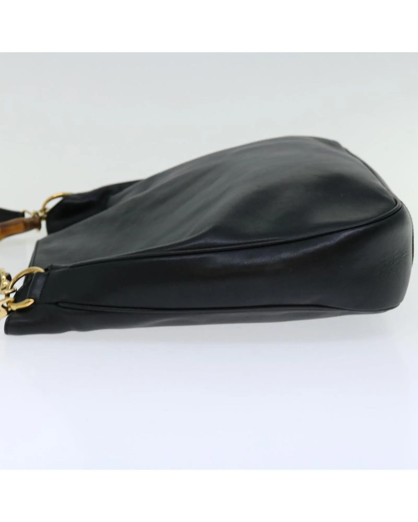 Leather 2Way Shoulder Bag with Bamboo Detail in Black