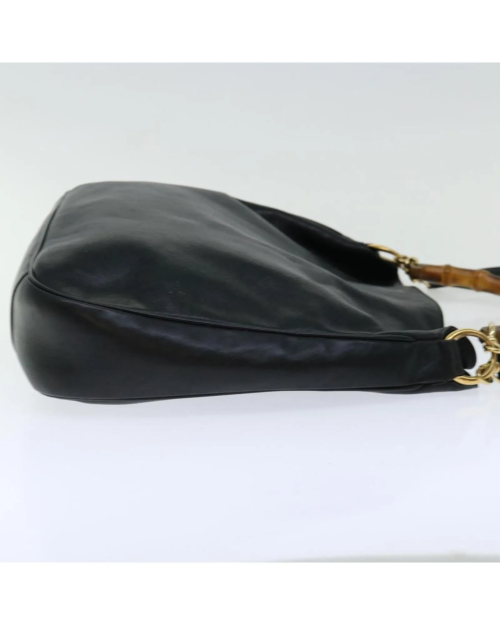 Leather 2Way Shoulder Bag with Bamboo Detail in Black