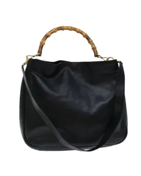 Leather 2Way Shoulder Bag with Bamboo Detail in Black