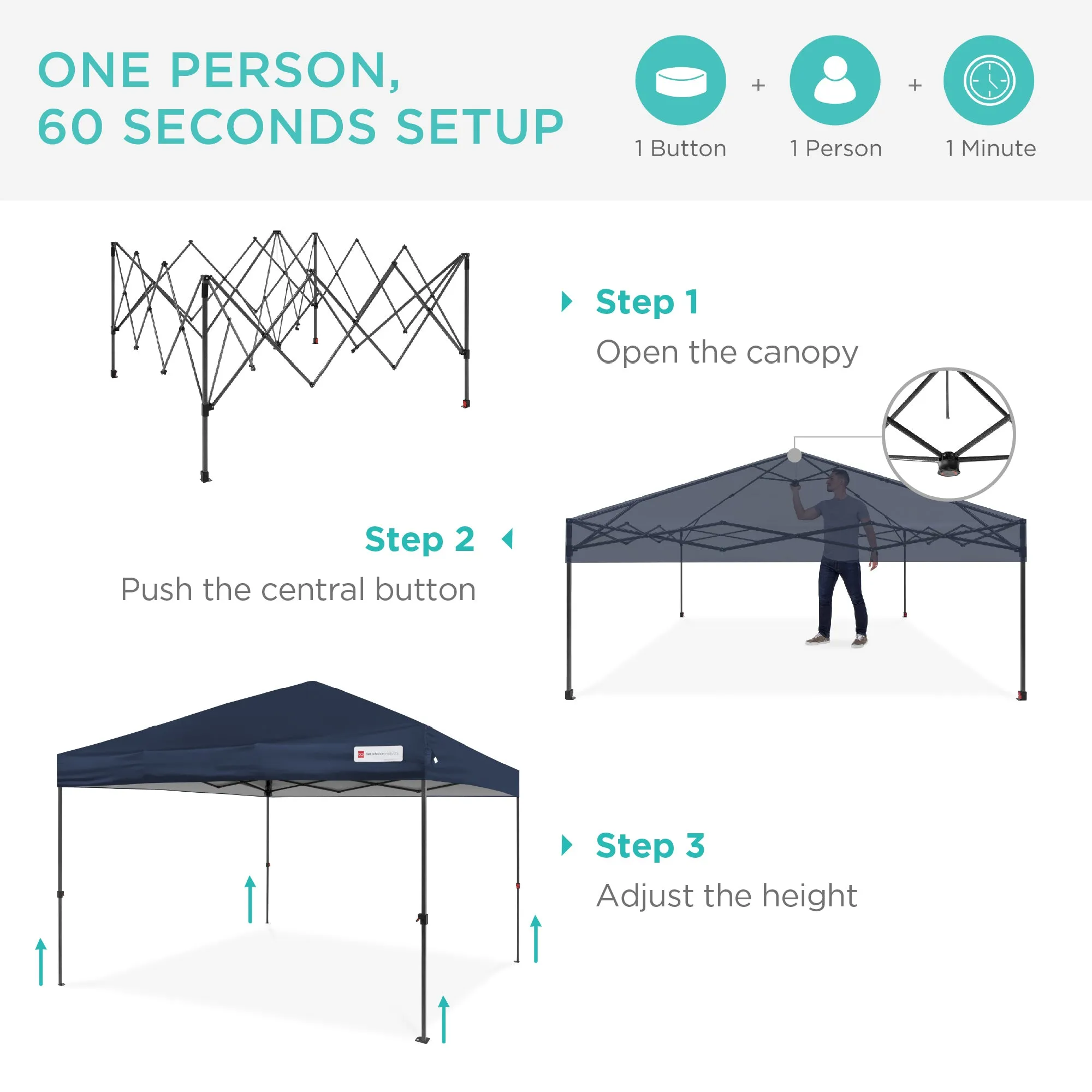 One-Person Setup Instant Pop Up Canopy w/ Case, 4 Weight Bags - 8x8ft