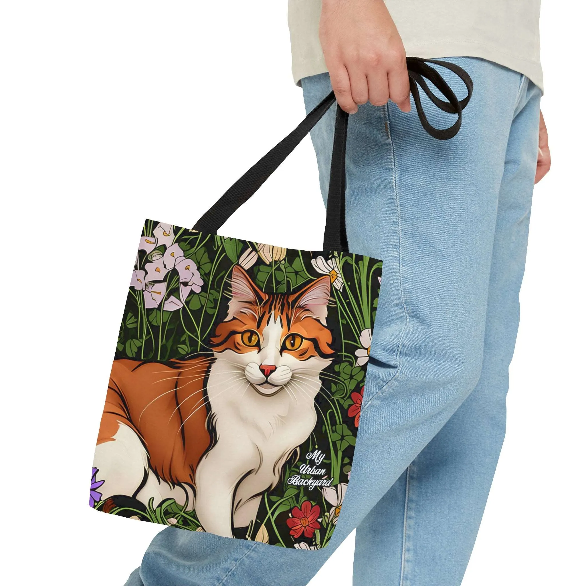 Orange Cat with Flowers, Tote Bag for Everyday Use - Durable and Functional