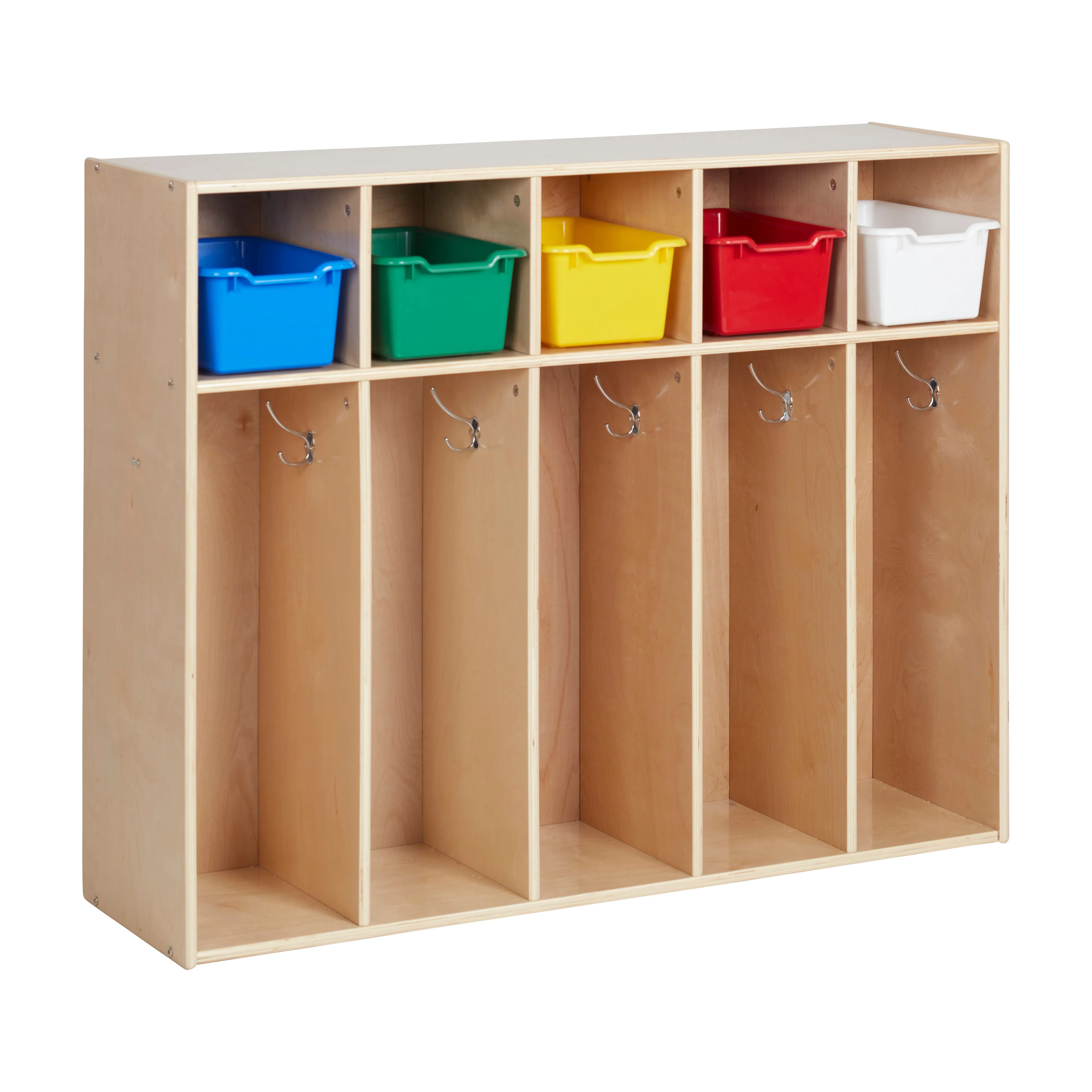 Streamline 5-Section Coat Locker with Scoop Front Storage Bins, Toddler Size, Natural