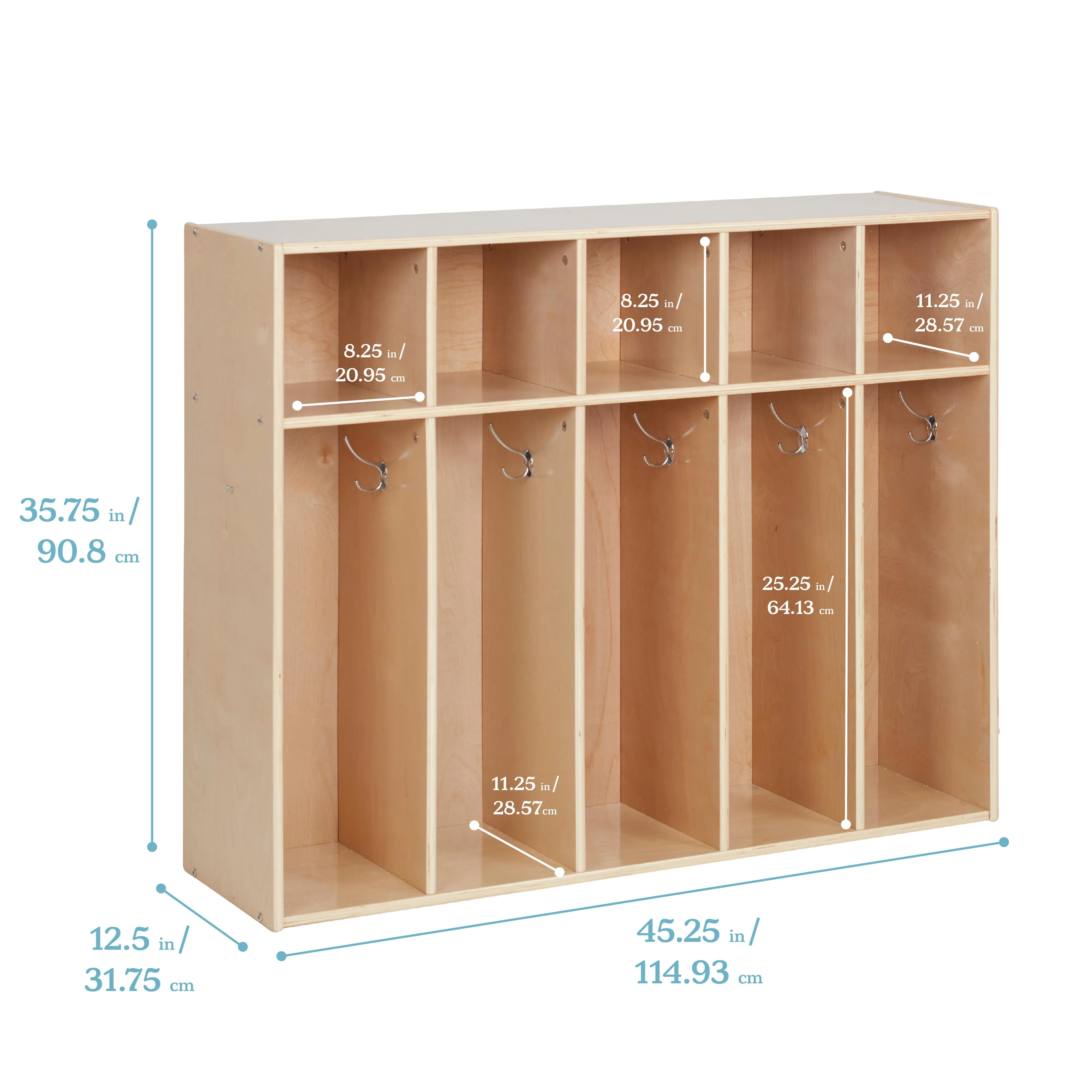 Streamline 5-Section Coat Locker with Scoop Front Storage Bins, Toddler Size, Natural